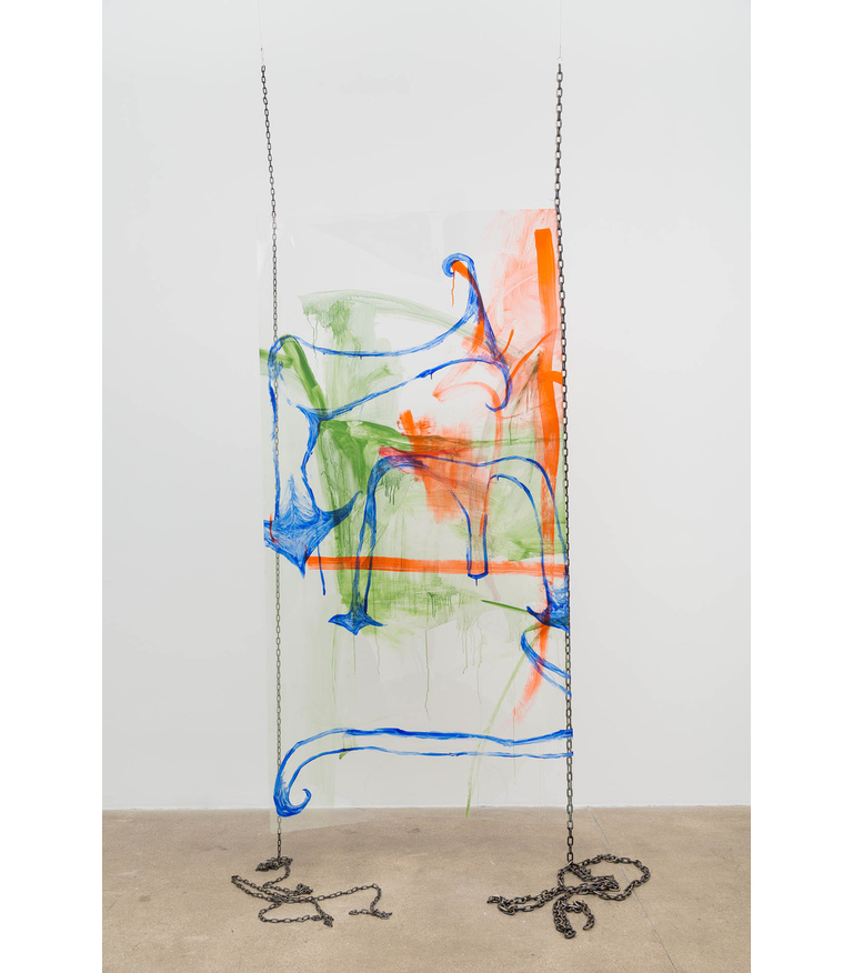 Every Day I Have the Blues (Untitled #3), 2020 acrylic and spray paint on polypropylene, steel chains 96 x 48 ins.