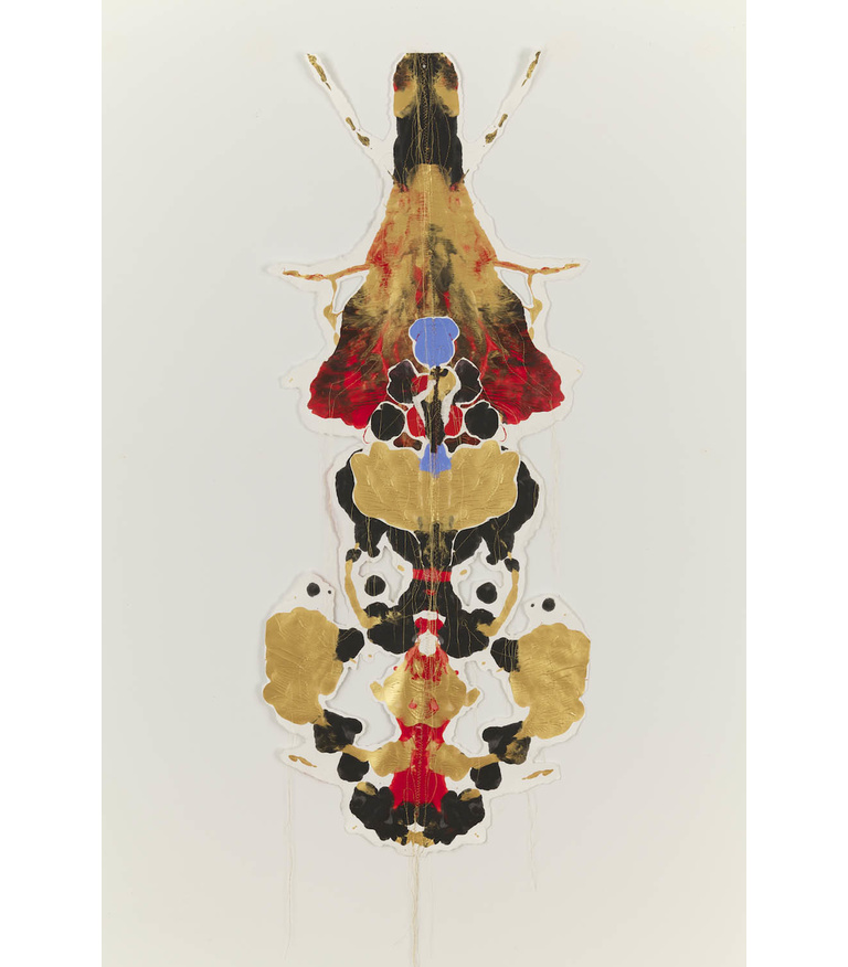 Shaman Mugak Totem Collage 2009, acrylic and thread on paper, 44 x 18 inches