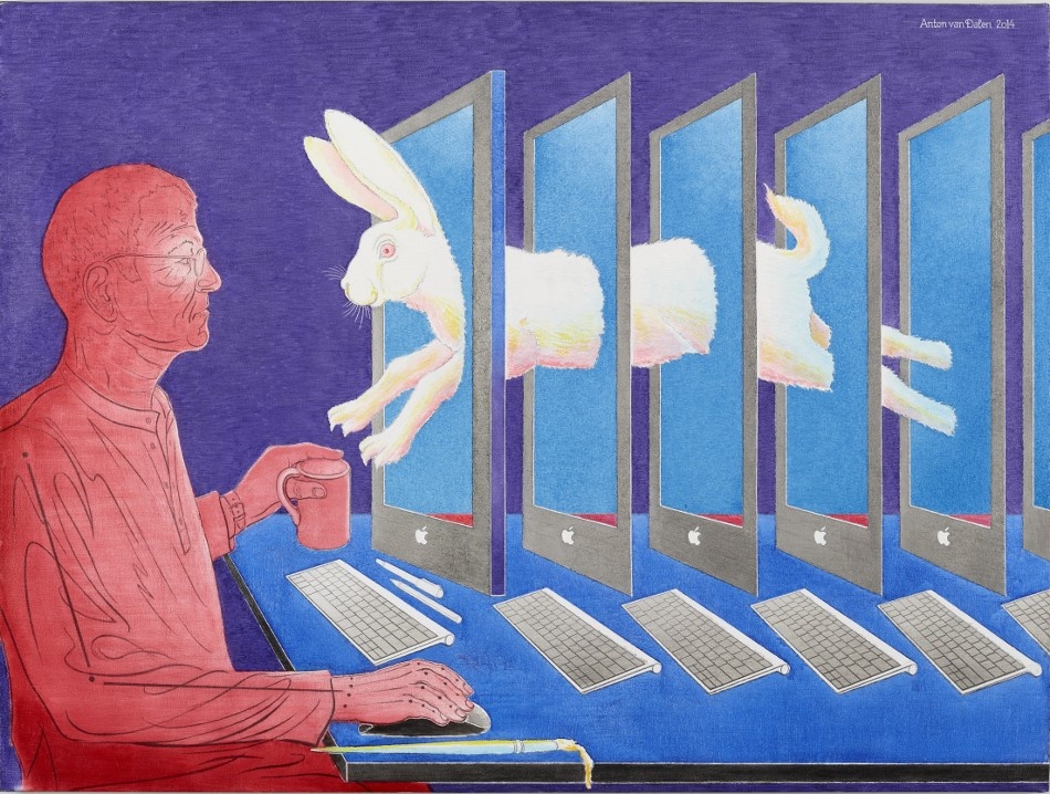 Self Portrait with Rabbit Jumping Through the Computer 2014